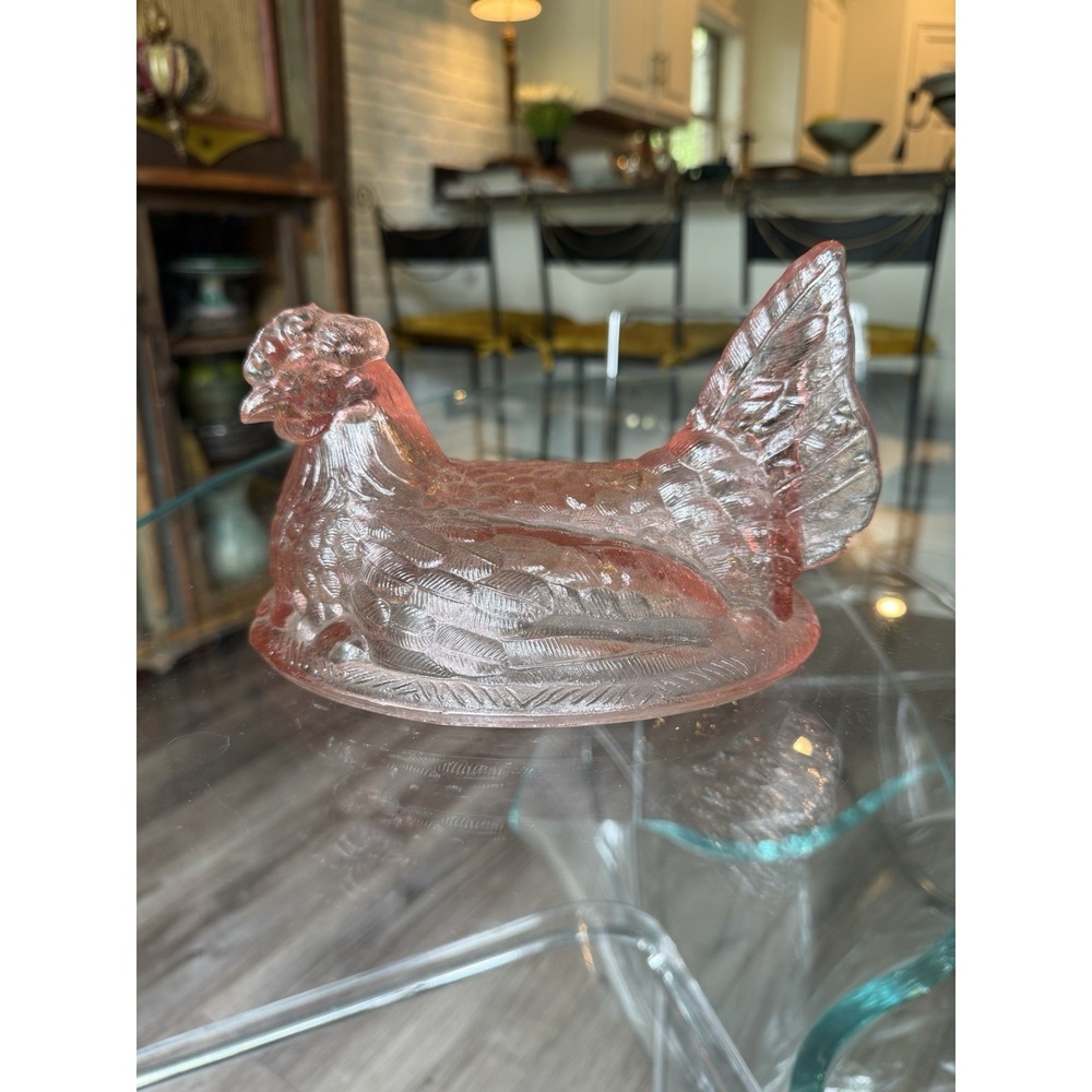 Vintage Hen On A Nest LID ONLY Pink Peach Glass Top Split Tail 7"